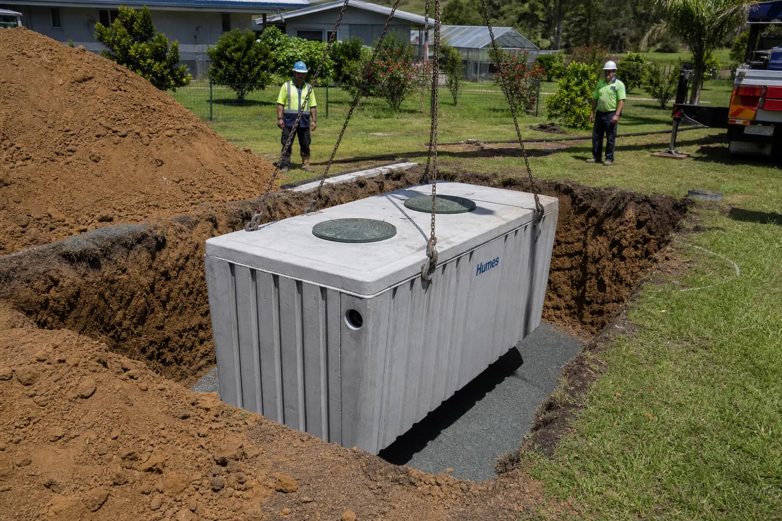 Illustration of a precast concrete septic tank being installed underground, showing the heavy-duty construction and rebar reinforcement