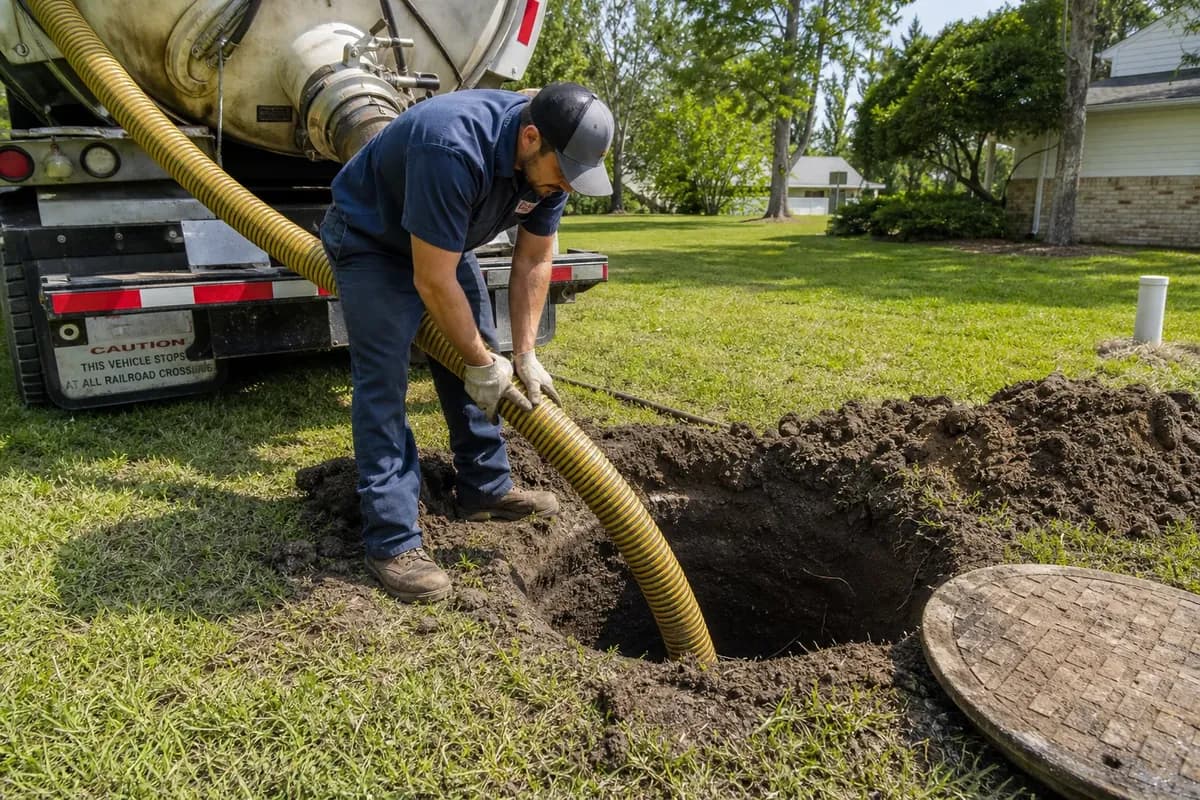 Septic tank cleaning service truck performing professional pumping at a residential property