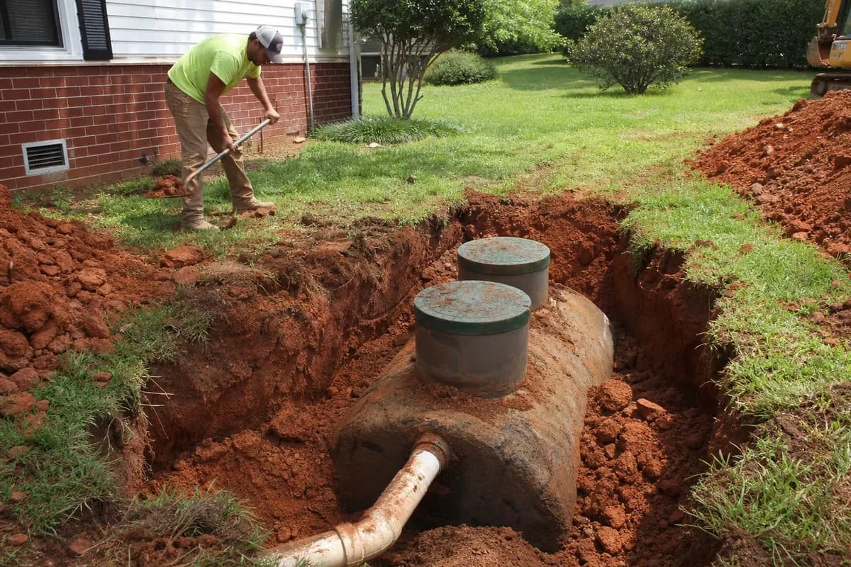 Excavated septic tank underground showing proper burial depth with soil layers