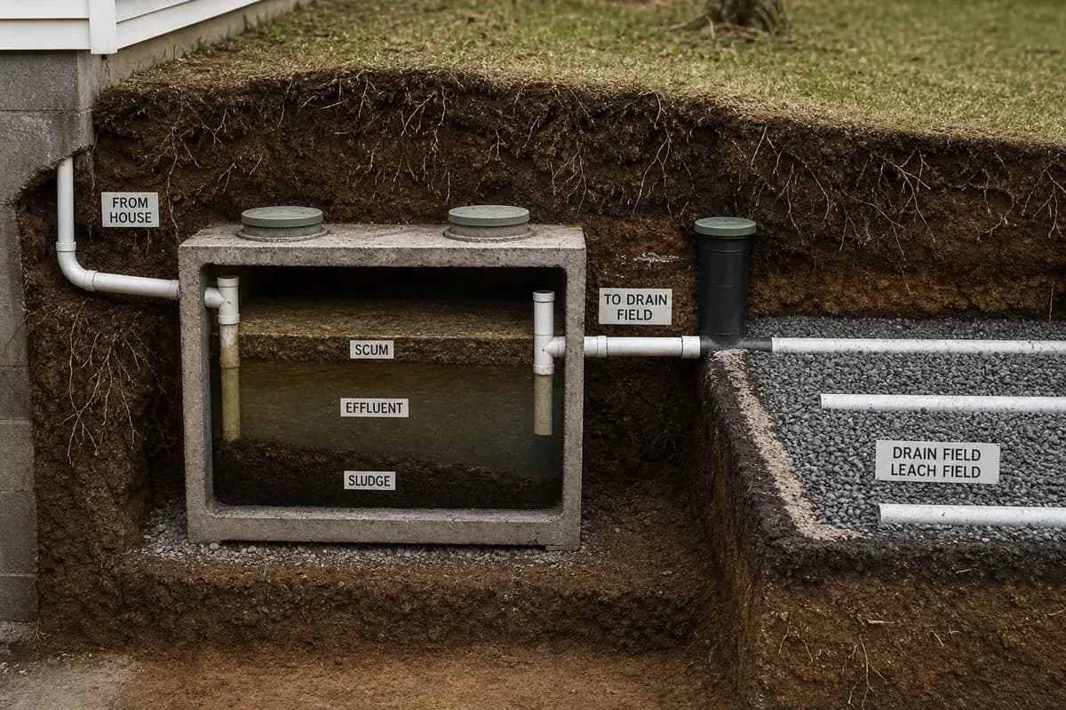 Cross-section illustration of a residential septic tank showing wastewater flow, three-layer separation, baffle function, and drain field connection