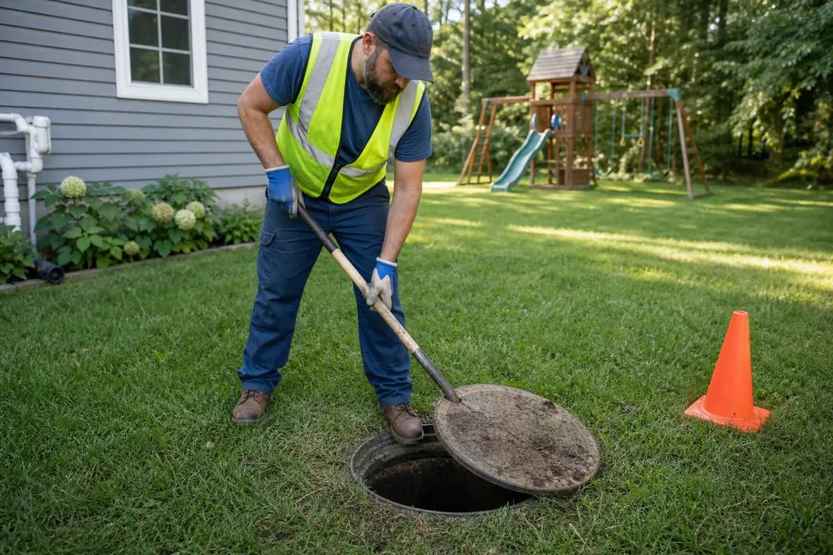 Septic service technician pumping a residential septic tank with vacuum truck