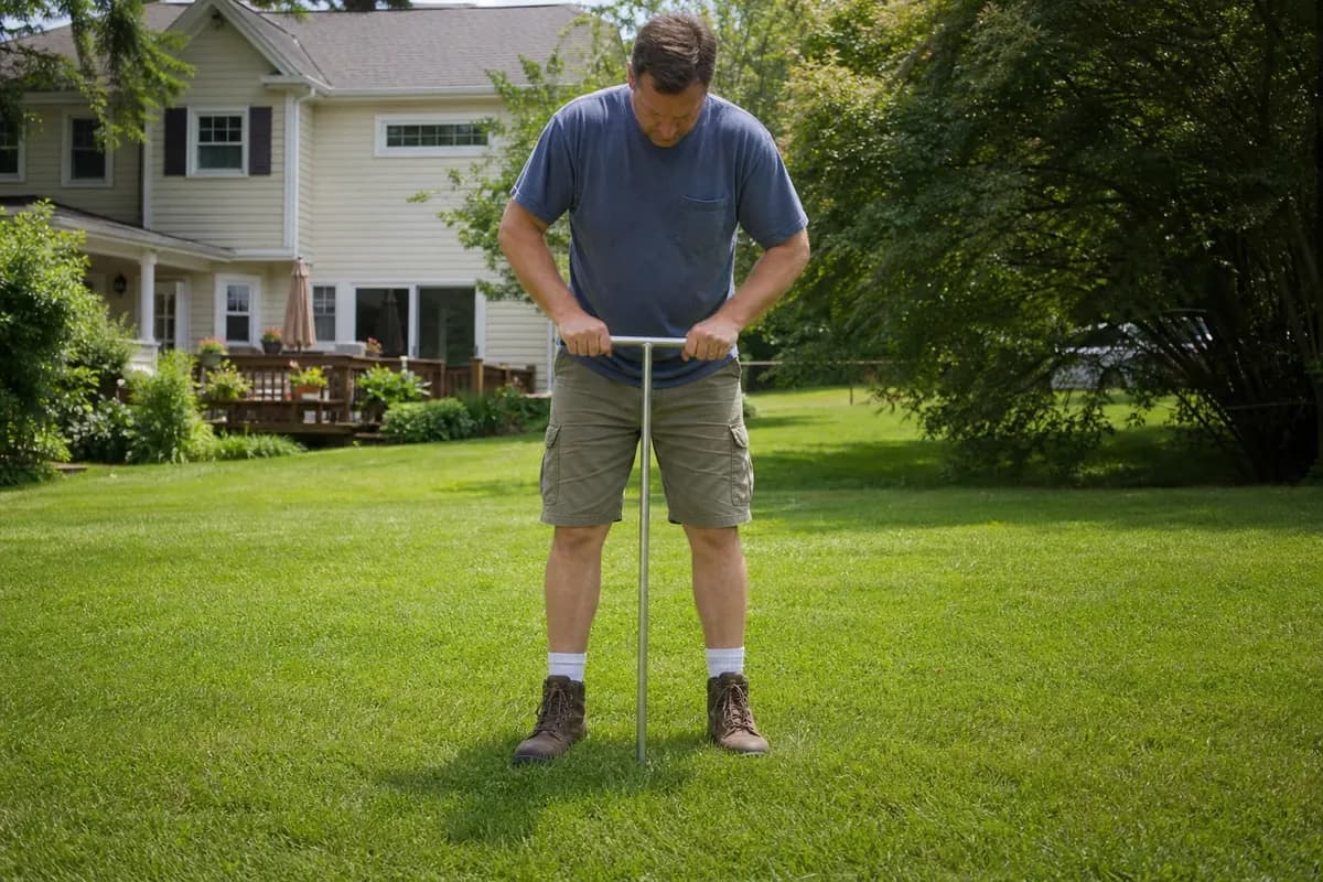 Property owner using a soil probe to locate a buried septic tank in a residential yard