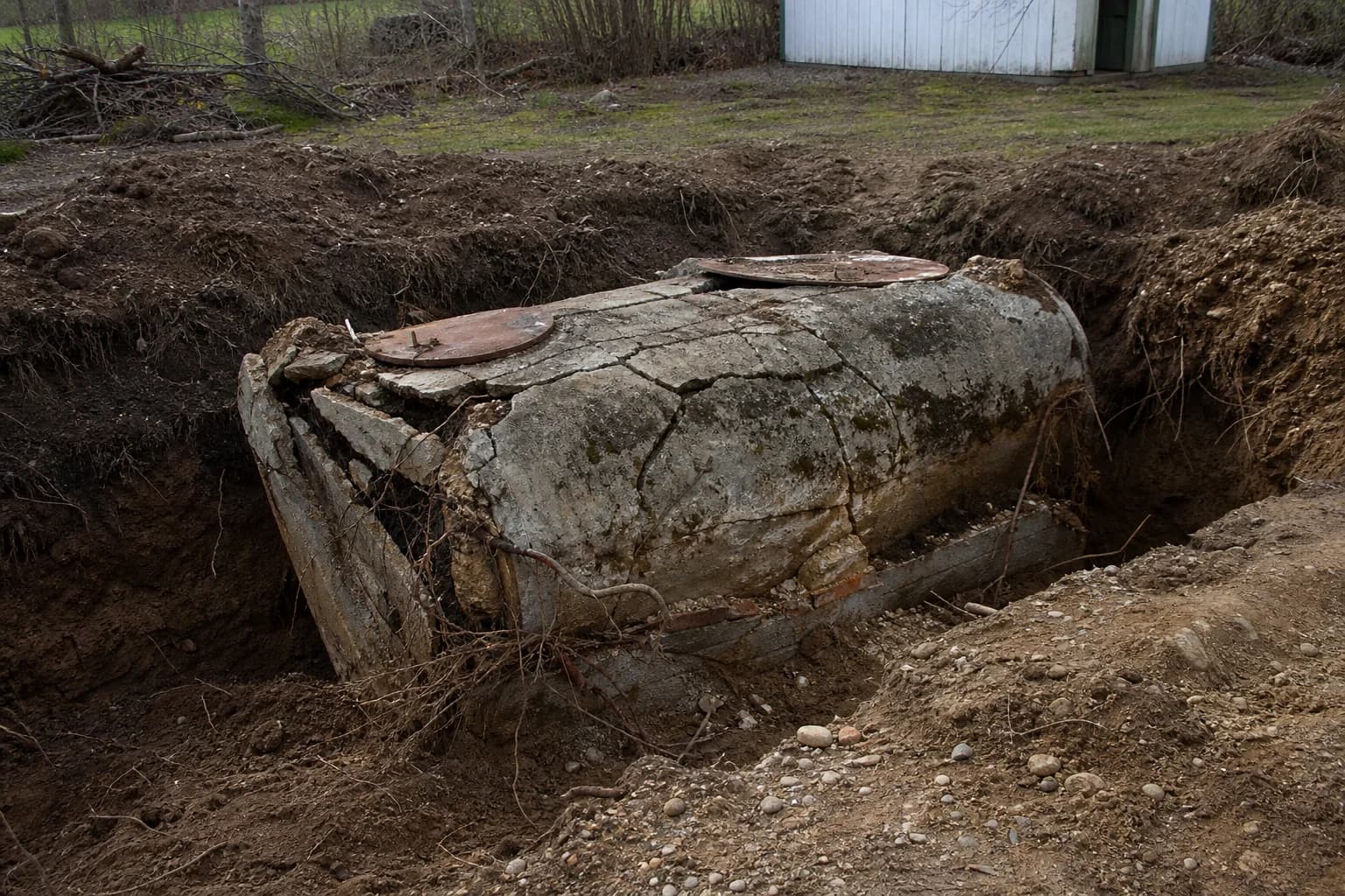 Aging concrete septic tank with visible deterioration and root intrusion from nearby trees
