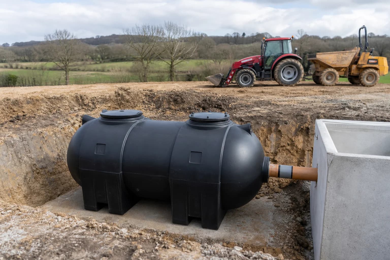 Photo of a lightweight polyethylene septic tank being lowered into an excavation, showing the one-piece construction and integral baffles