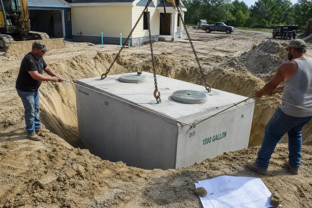 Residential property with cutaway diagram showing septic tank sizing for different home sizes, drain field placement, and underground wastewater flow